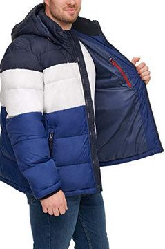 Photo 1 of Tommy Hilfiger Men's Hooded Puffer Jacket, Bluebell Color Block, XX-Large
