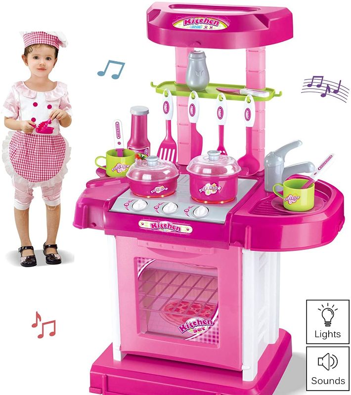Photo 1 of Vokodo Deluxe Toy Kitchen Playset 2 Feet Tall With Pots Oven Stove Sink Appliances Lights And Sounds Kids Pretend Play Cook Chef Early Learning Educational Great Gift For Preschool Children Girls Boys
