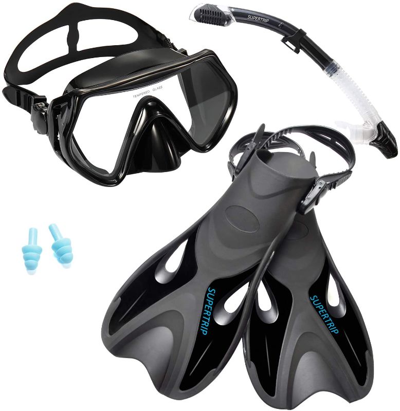 Photo 1 of Supertrip Snorkel Set with Fins Impact Resistant Tempered Glass Anti-Fog Snorkeling Mask-Adjustable Diving Swimming Fins/Flippers-Dry Top Snorkel Included Snorkeling Set and Open Heel Snorkel Fins
