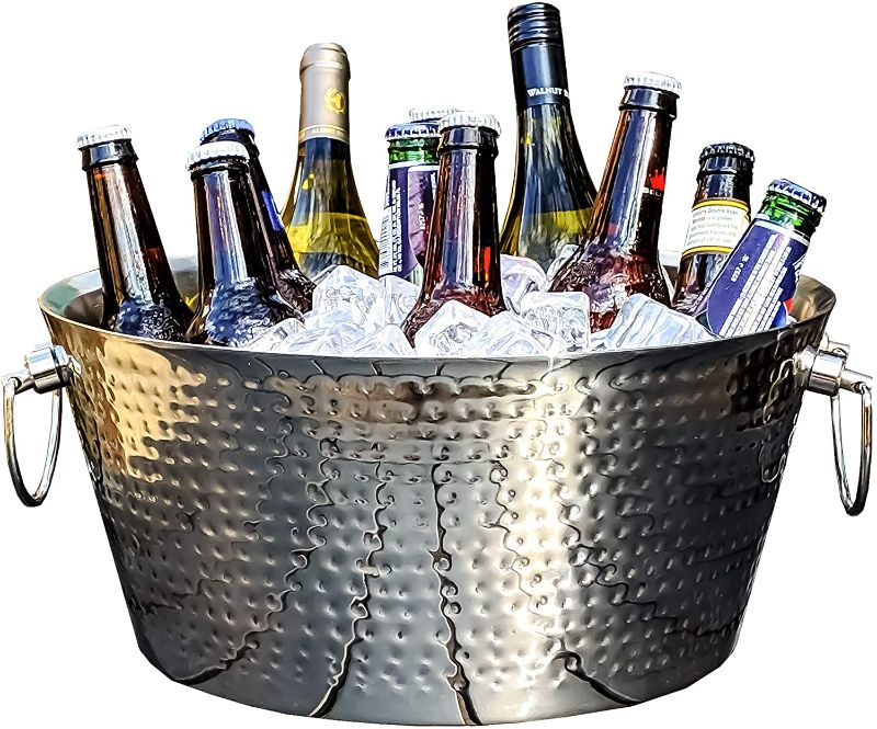 Photo 1 of BREKX Double-Walled Insulated Hammered Stainless Steel Anchored Beverage Tub for Parties, Weddings, with Double-Hinged Handles, 3 GALLONS
