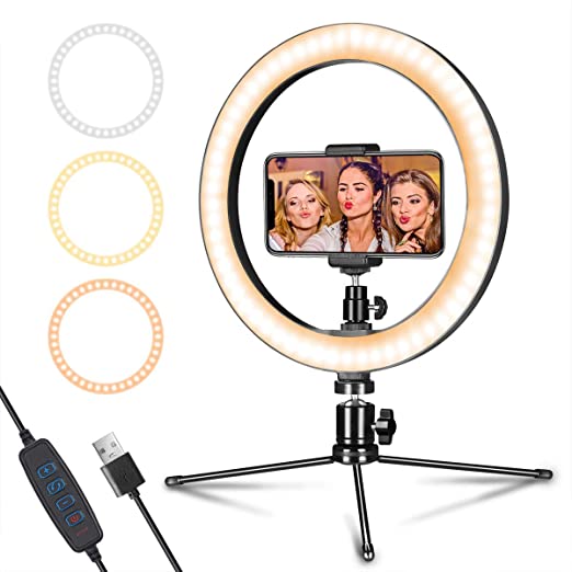 Photo 1 of LED Ring Light 10" with Tripod Stand & Phone Holder for Live Streaming & YouTube Video, Dimmable Desk Makeup Ring Light for Photography, Shooting with 3 Light Modes & 10 Brightness Level
