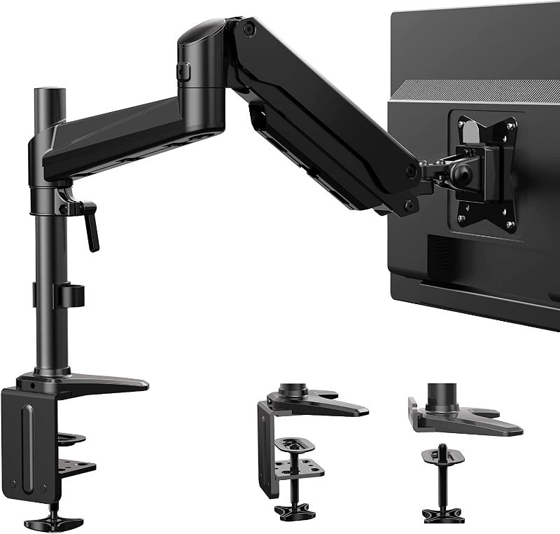 Photo 1 of Huanuo 17-32” Monitor Mount Stand - Single Arm Gas Spring Monitor Desk Mount Height Adjustable VESA Bracket for 17-32 Inch Flat/Curved Computer Screen - Holds up to 17.6lbs with C Clamp, Grommet Base
