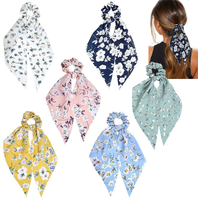 Photo 1 of Funlovin 6pcs Scarf Scrunchies for Hair Ties Scarves Scrunchie Chiffon Floral Hair Ribbon Long Tail Fashion Ponytail Holder Scrunchy for Women