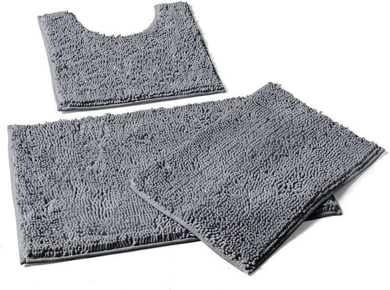 Photo 1 of Bathroom Rugs Sets 3 Piece, Includes U-Shaped Contour Toilet Mat, 20 x 30'' and 16 x 24'' Bath Mat, Non-Slip Shaggy Gray Bathroom Rugs and Mats Sets, Machine Washable, Light Grey