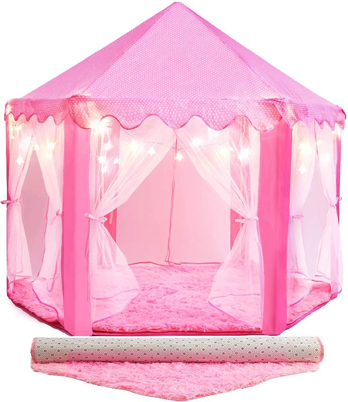 Photo 1 of Princess Tent for Kids - Includes Ultra Soft Rug & LED Star Lights | Princess Castle Little Girls Play Tent | ASTM Certified | 55 X 53 Inch | Kid Playhouse Toys | for 3/4/5/6/7/8/9 Year Old
