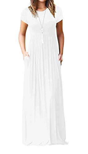 Photo 1 of Euovmy Women's Short Sleeve Loose Plain Maxi Dresses Casual Long Dresses with Pockets White