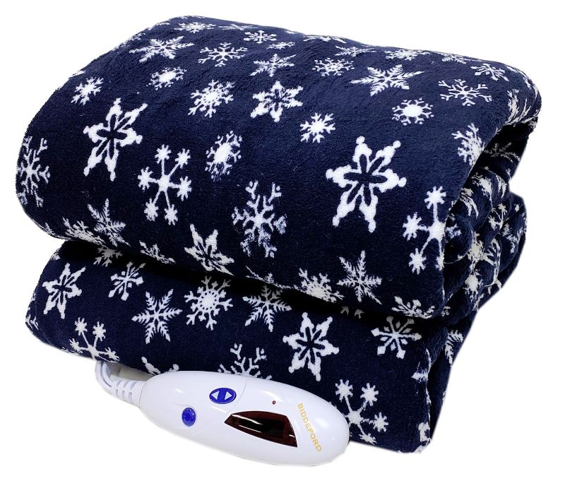 Photo 1 of Biddeford Microplush Electric Heated Warming Throw Blanket Navy Blue Snowflake