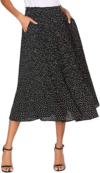 Photo 1 of Parabler Women's Pleated Midi Skirt High Waist Polka Dot Swing Skirts Maxi Skirt with Pockets (L)