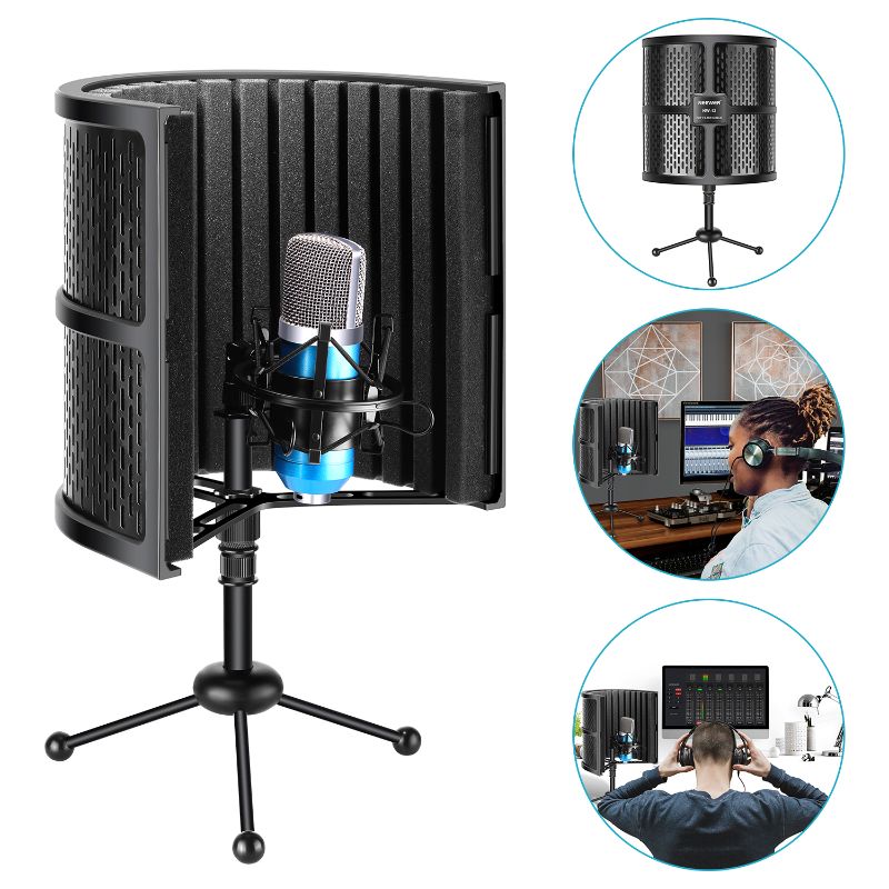 Photo 1 of Neewer Tabletop Compact Microphone Isolation Shield with Tripod Stand, Mic Sound Absorbing Foam for Studio Sound Recording, Podcasts, Vocals, Singing, Broadcasting