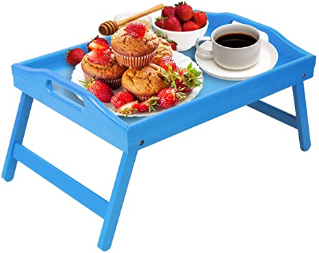 Photo 1 of Artmeer Breakfast Tray Folding Legs with Handles Kids Bed Tray Table for Sofa Eating,Drawing,Platters Bamboo Serving Lap Desk Snack Tray (Sky Blue)