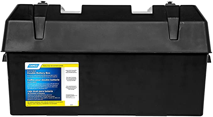 Photo 1 of Camco Heavy Duty Double Battery Box with Straps and Hardware - Group GC2 | Safely Stores RV, Automotive, and Marine Batteries |Durable Anti-Corrosion Material | Measures 21.5" x 7.4" x 11.2" - (55375)
