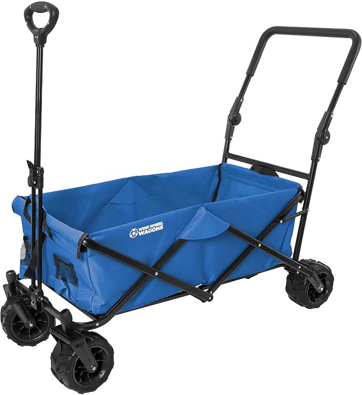 Photo 1 of Blue Wide Wheel Wagon AllTerrain Folding Collapsible Utility Wagon with Push Bar  Portable Rolling Heavy Duty 150 Lbs Capacity Canvas Fabric Cart Buggy  Beach Garden Sporting Events Park Picnic