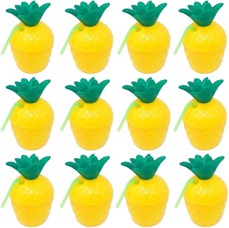 Photo 1 of 12 Pack Hawaiian Tropical Luau Party Plastic Pineapple Cup with Straw