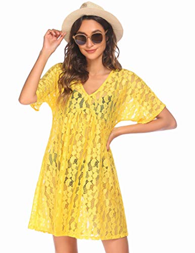 Photo 1 of Ekouaer Women Swimsuit Cover Ups Batwing Sleeve Sheer Lace Cover Up Bathing Suit Beach Dress M