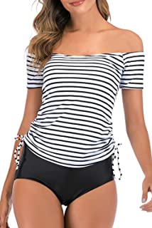 Photo 1 of papasgix Tankini Swimsuits for Women Off Shoulder Swimwear Stripe Tankini Set Monokini Two Piece Bathing Suit Black White Xl