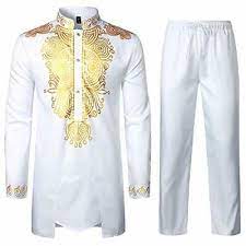 Photo 1 of LucMatton Mens African 2 Piece Set Long Sleeve Gold Print Dashiki and Pants Outfit Traditional Suit l