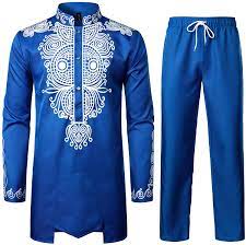 Photo 1 of LucMatton Mens African 2 Piece Set Long Sleeve Gold Print Dashiki and Pants Outfit Traditional Suit large