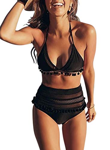 Photo 1 of Bdcoco Womens High Waist Two Pieces Bikini Set Padded Stripe Tassel Swimsuit SIZE S