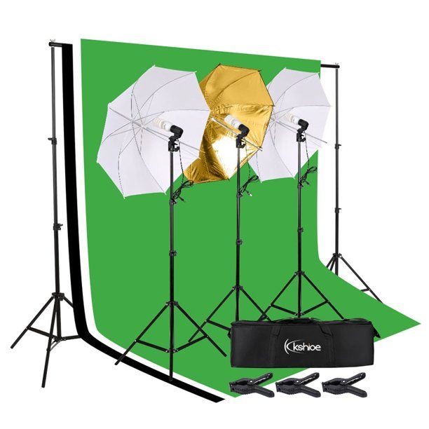 Photo 1 of  Kshioe 45W Light Bulb Muslin Backdrop Stand Photo Studio Accessories Kit Soft Black/Gold Umbrella Background Support Set