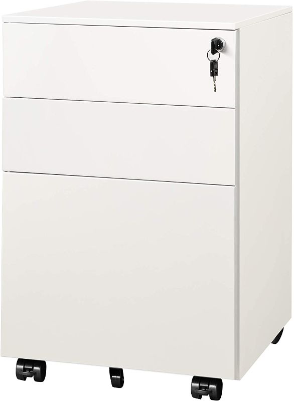 Photo 1 of DEVAISE Locking File Cabinet, 3 Drawer Rolling Pedestal Under Desk, Fully Assembled Except Casters, White