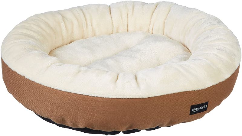 Photo 1 of Amazon Basics Round Bolster Dog or Cat Bed with Flannel Top- small
