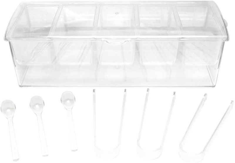 Photo 1 of 7Penn Condiment Tray with Ice Chamber, 5 Condiment Containers, Lid, 3 Tongs, 3 Spoons - Chilled Condiment Server Caddy
