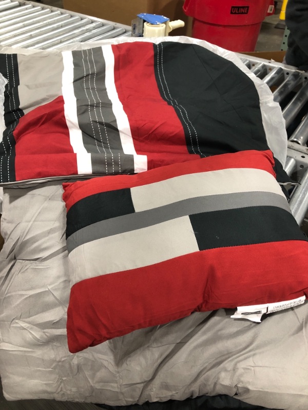 Photo 1 of Comfort Spaces All Season Cozy Comforter Set, Modern Casual Bedding Set, Active Lifestyle Boys Bedroom Décor, Pierre Black Red Stripe, Queen, 3 Piece
