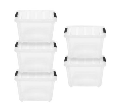 Photo 1 of 17 Qt. Stack and Pull Nesting Storage Tote, with Black Latching Clips, in Clear, (5 Pack)