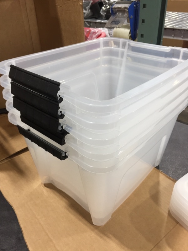 Photo 2 of 17 Qt. Stack and Pull Nesting Storage Tote, with Black Latching Clips, in Clear, (5 Pack)