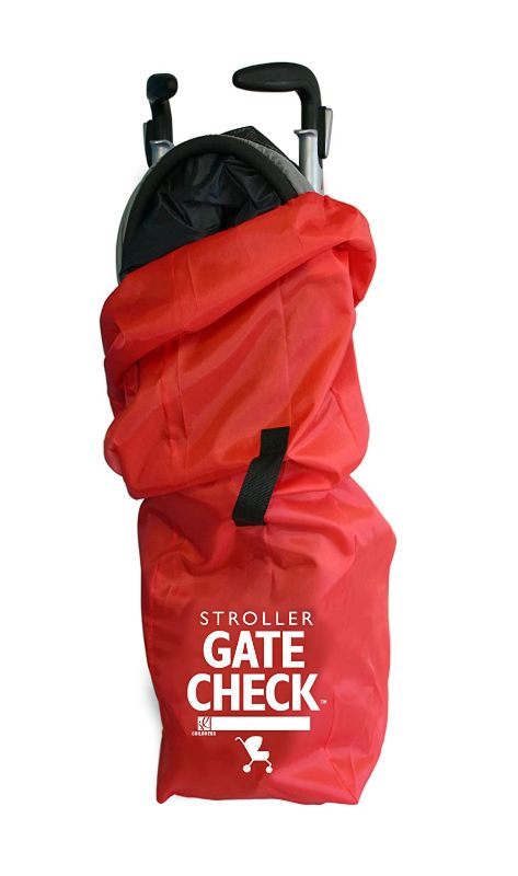 Photo 1 of J.L. Childress Gate Check Bag for Single Umbrella Strollers, Durable and Lightweight, Water-Resistant, Drawstring Closure with Adjustable Lock, Webbing Handle, Includes Stretch Zipper Pouch, Red
