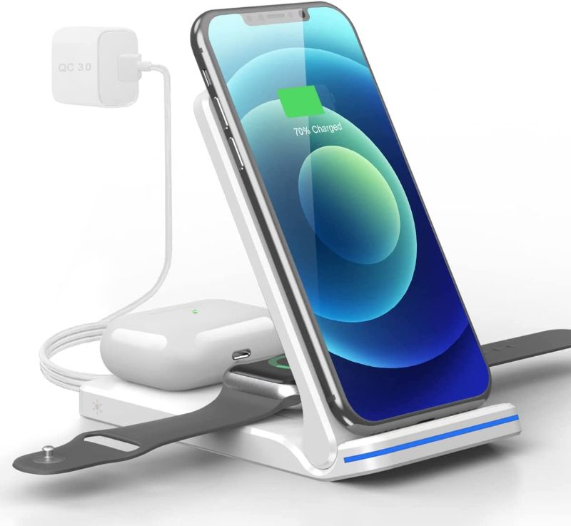 Photo 1 of Foldable Wireless Charger, 3 in 1 Fast Wireless Charging Stand for iPhone 13/13 Pro/12/12 Pro/11/11 Pro Max/XR/X/Xs/8 Series,iWatch,Samsung Cell Phone (Wireless Charger, White)