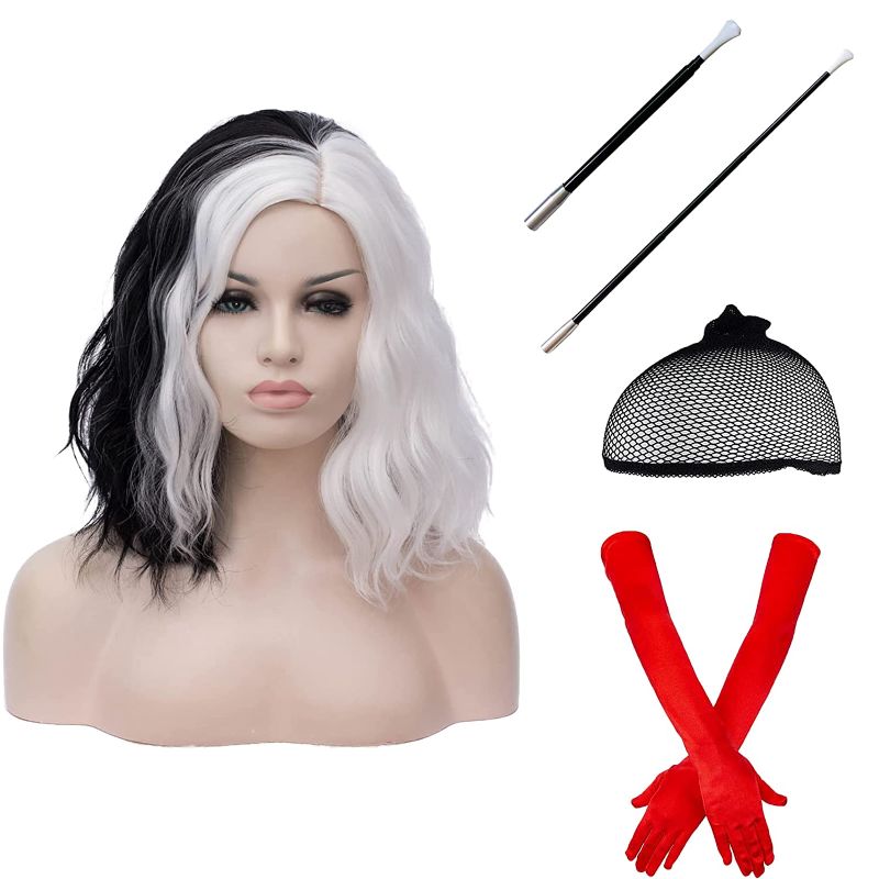 Photo 1 of Cying Lin Short Bob Wavy Curly Wig Lady Costume Black and White Wig For Women Cosplay Halloween Wigs Heat Resistant Bob Party Wig Include Wig Cap (Black and White)