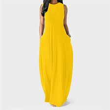 Photo 1 of Women Round Neck Sleeveless Pure Color Long Dress With Pocket, XL