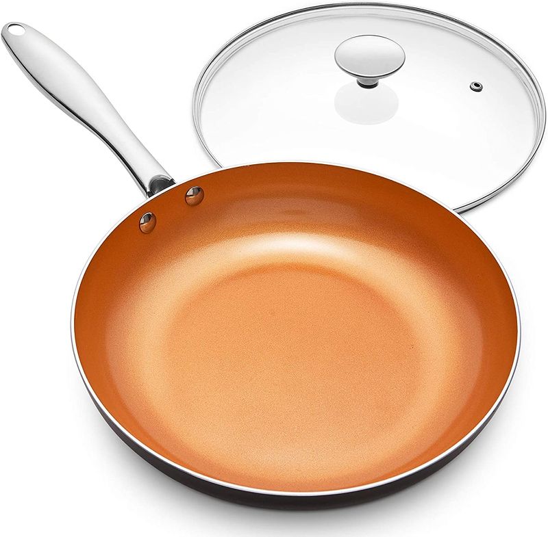 Photo 1 of MICHELANGELO 10 Inch Frying Pan with Lid, Nonstick Copper Frying Pan with Titanium Ceramic Interior, Nonstick Frying Pans, Nonstick Skillet with Lid,10 Inch Copper Pans Nonstick, Induction Compatible