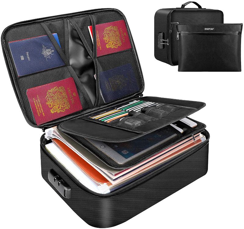 Photo 1 of ENGPOW File Organizer Bags,Fireproof Document Bag with Money Bag,Home Office Travel Safe Bag with Lock,Multi-Layer Portable Filing Storage for Important File Passport Certificates Legal Documents