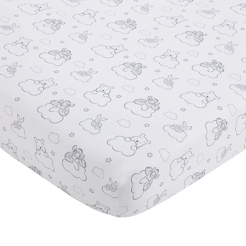 Photo 1 of Disney Winnie The Pooh Hello Sunshine Grey & White Cloud Nursery Fitted Crib Sheet with Piglet & Tigger, Grey, White Fits Standard-Size Mattress 28" x 52" 