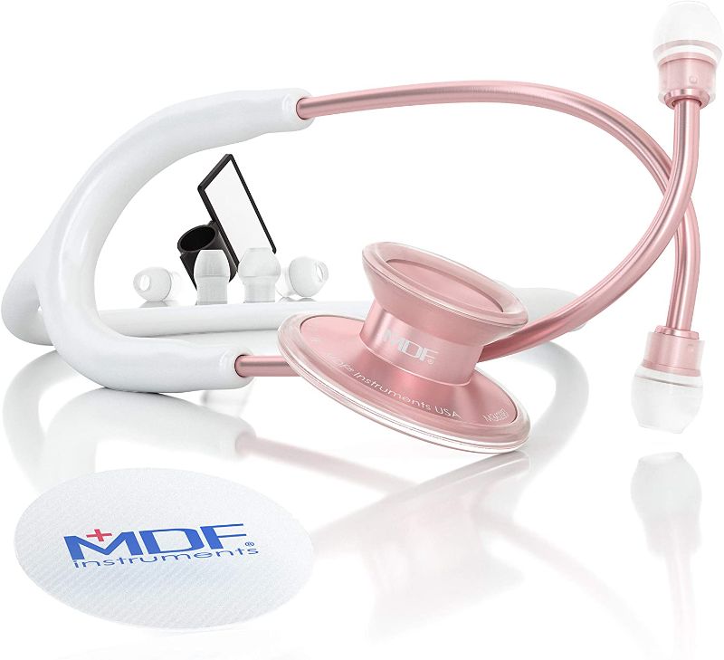 Photo 1 of MDF Acoustica Lightweight Stethoscope, Adult, Dual Head, Free-Parts-for-Life, White Tube, Rosegold (Matte Finish) Chestpiece-Headset, MDF747XPRG29