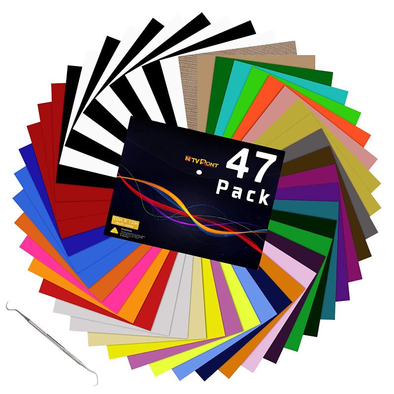 Photo 1 of HTV Heat Transfer Vinyl Bundle: 47 Pack 12" x 10" Iron on Vinyl for T-Shirt, 33 Assorted Colors with HTV Accessories Tweezers for Cricut, Silhouette Cameo or Heat Press Machine