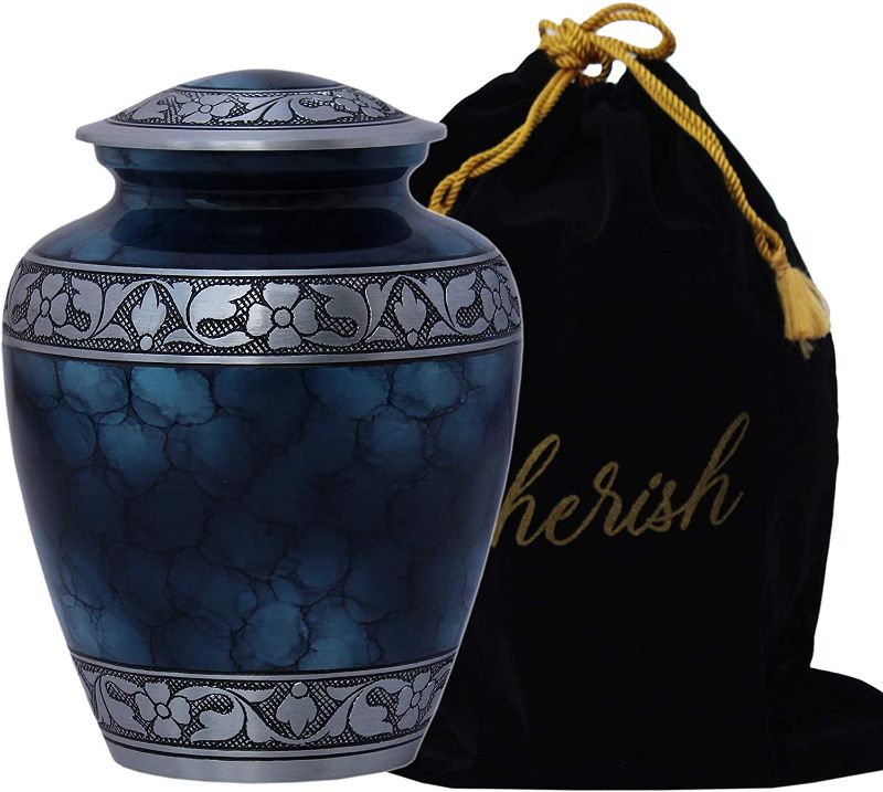 Photo 1 of Cherish Cremation Urns for Human Ashes Adult Blue Large Funeral Urn for Human or pet ash - Affordable Urn for Ashes - with Velvet Bag (10.5 x 6.5 x 6.5, Oval Blue Design)
