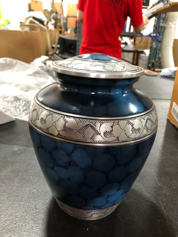 Photo 2 of Cherish Cremation Urns for Human Ashes Adult Blue Large Funeral Urn for Human or pet ash - Affordable Urn for Ashes - with Velvet Bag (10.5 x 6.5 x 6.5, Oval Blue Design)
