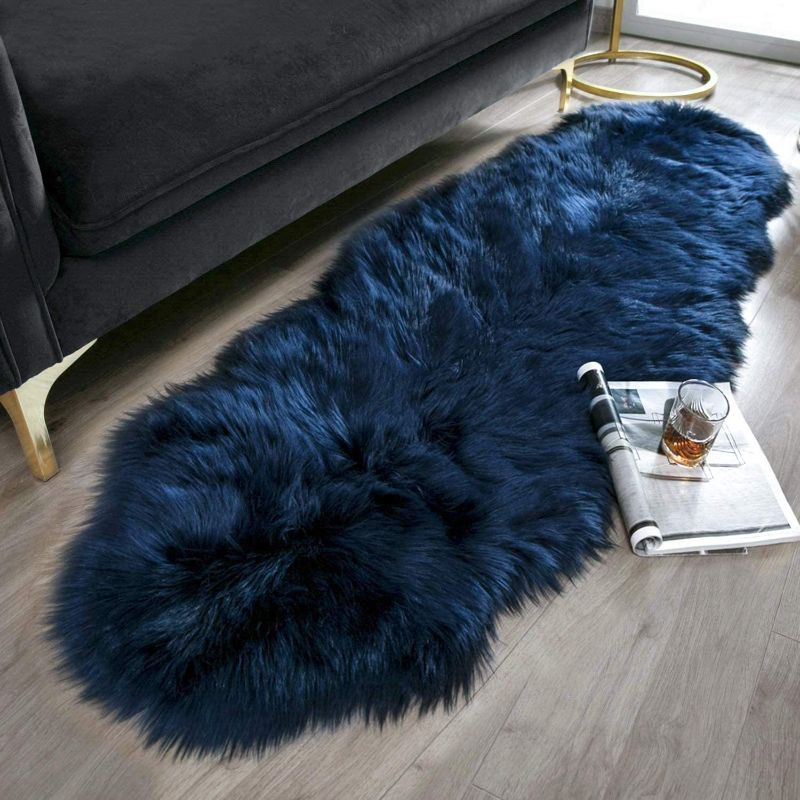 Photo 1 of Ashler Soft Faux Sheepskin Fur Chair Couch Cover Navy Blue Area Rug for Bedroom Floor Sofa Living Room 2 x 6 Feet
