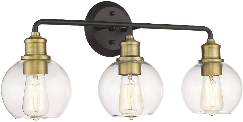 Photo 1 of AKEZON 3-Light Bathroom Vanity Lights, Bathroom Lighting Fixtures Over Mirror, Matte Black & Antique Brass Finish with Clear Glass Shade, KW-7221-3
