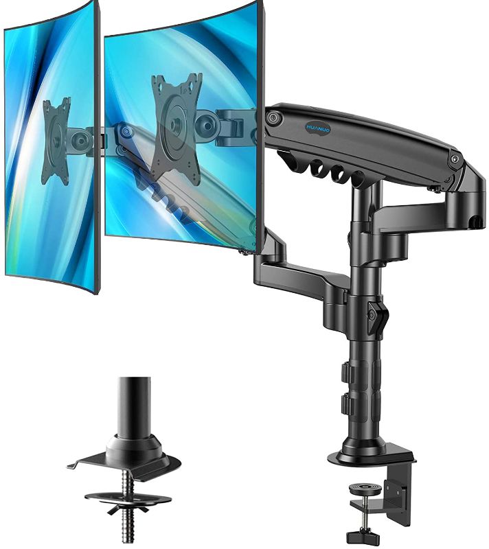 Photo 1 of Dual Monitor Stand - Height Adjustable Gas Spring Double Arm Monitor Mount Desk Stand Fits Two 17 to 32 inch Screens with Clamp, Grommet Mounting Base, Each Arm Holds up to 19.8lbs
