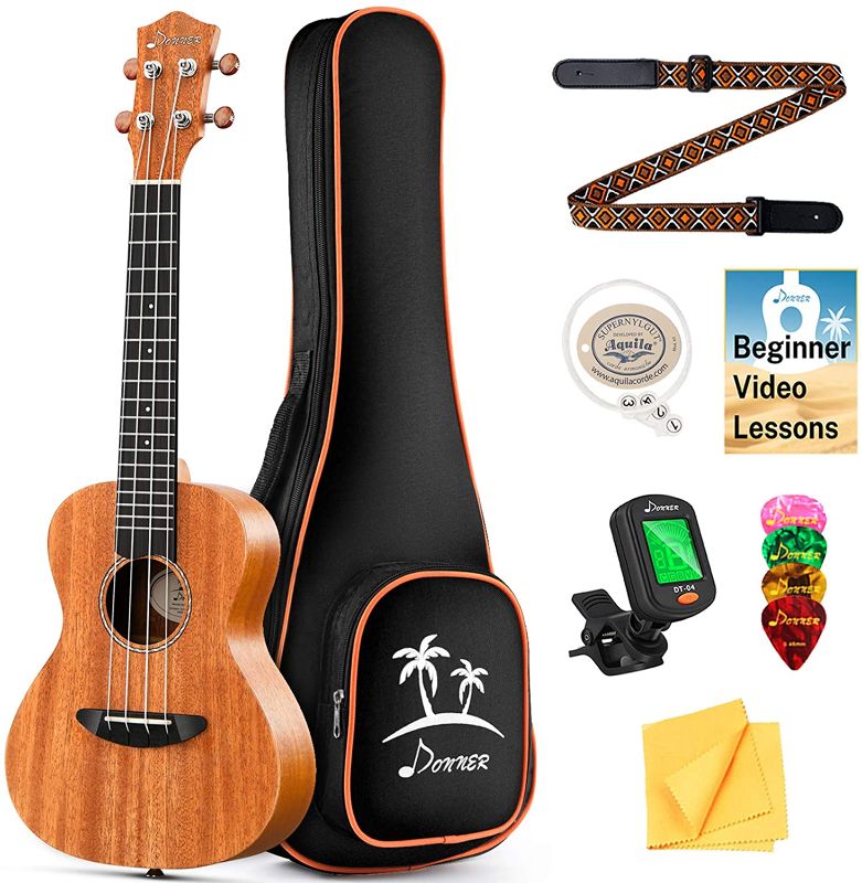 Photo 1 of Donner Concert Ukulele Mahogany 23 Inch Ukelele Starter Bundle Kit with Free Online Lesson Gig Bag Strap Nylon String Tuner Picks Cloth DUC-1 Professional Ukalalee Yukalalee