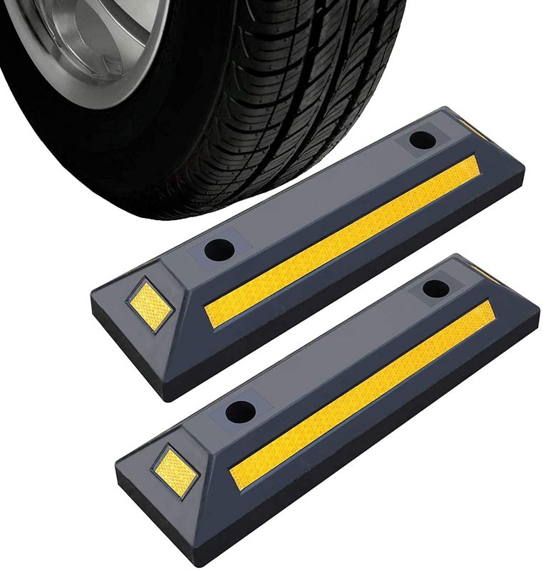 Photo 1 of 2 Pack Rubber Parking Guide Blocks Heavy Duty Wheel Stop Stoppers for Car Garage Parks Professional Grade Parking Rubber Curb w/Yellow Refective Stripes for Truck RV Trailer 21.25"(L)x5.7"(W)x3.54"(H)
