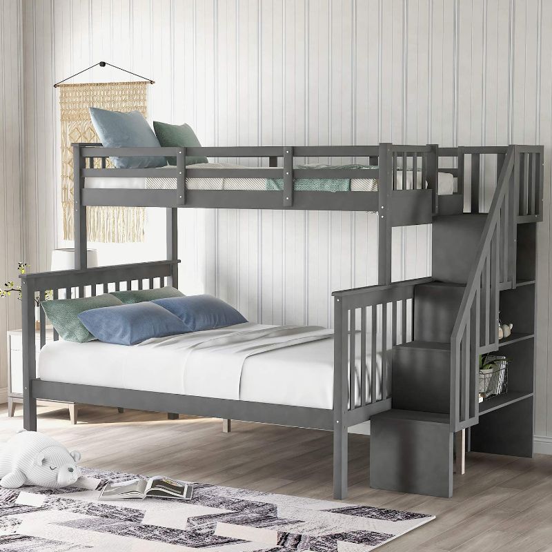 Photo 1 of ACHICOO Stairway TwinOverFull Bunk Bed with Storage and Guard Rail for Bedroom Dorm for Kids Adults Gray Color  BOX 2 OF 3