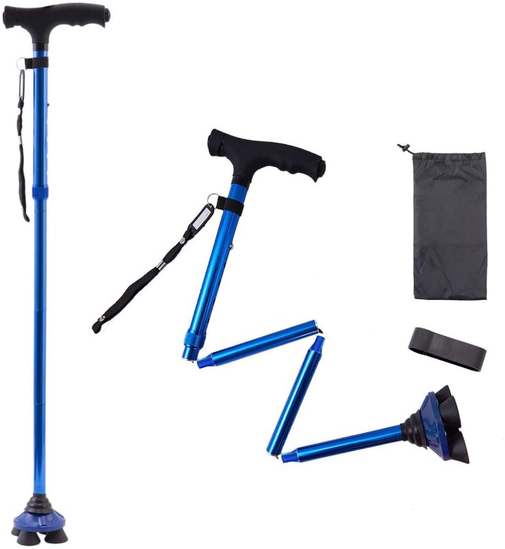 Photo 1 of BigAlex Folding Walking Cane with LED Light,Pivoting Quad Base,Adjustable Walking Stick with Carrying Bag for Man/Woman (MG Alloy Base?Blue?)
