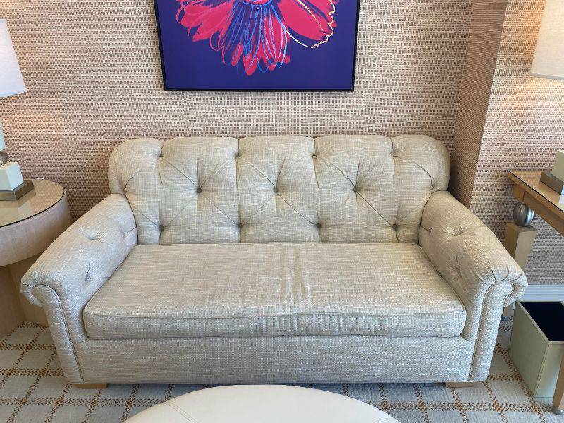 Photo 3 of CANVAS 2 SEAT LOVESEAT CREAM COLOR HEIGHT 33 INCHES WIDTH 71 INCHES LENGTH 335 INCHES. MISSING SEAT CUSHION.