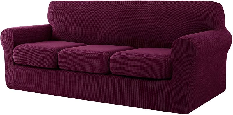 Photo 2 of CHUN YI 4 Pieces Stretch Sofa Cover for Dogs,3 Seater Settee Couch Slipcover with 3 Separate Cushion Replacement Coat,Small Checks Spandex Jacquard Fabric,Large,Dark Magenta
