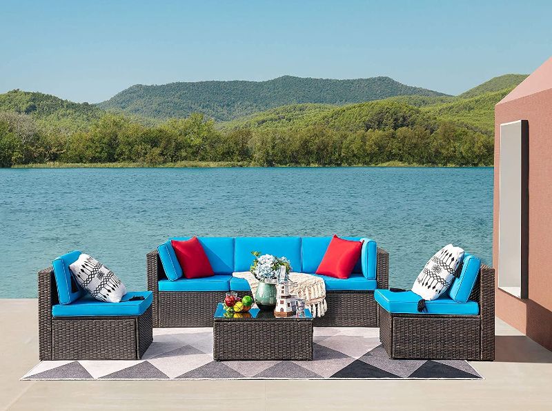 Photo 1 of Devoko Patio Furniture Sets 6 Pieces Outdoor Sectional Rattan Sofa Manual Weaving Wicker Patio Conversation Set with Glass Table and Cushion (Blue)